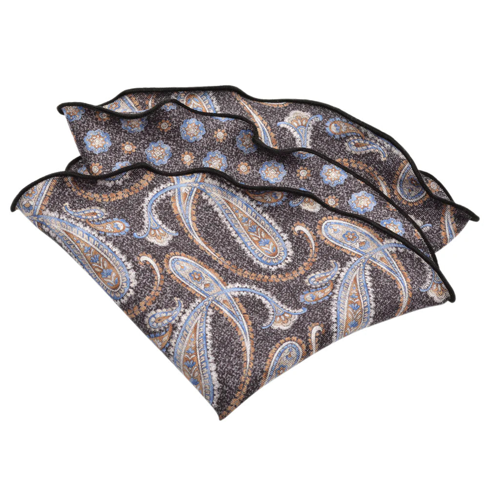 Dark Charcoal Paisley/Medallion Reversible Silk Pocket Round - DION - Boutique Jacques International