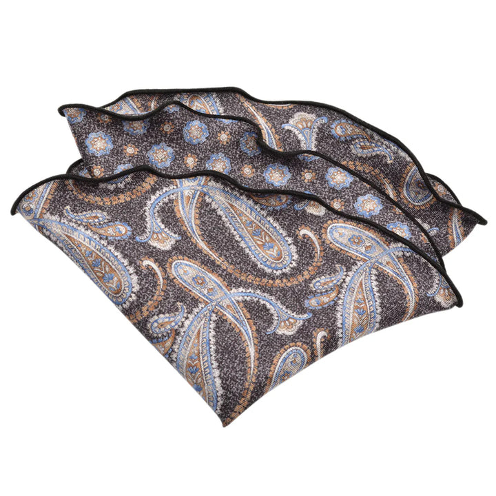 Dark Charcoal Paisley/Medallion Reversible Silk Pocket Round - DION - Boutique Jacques International