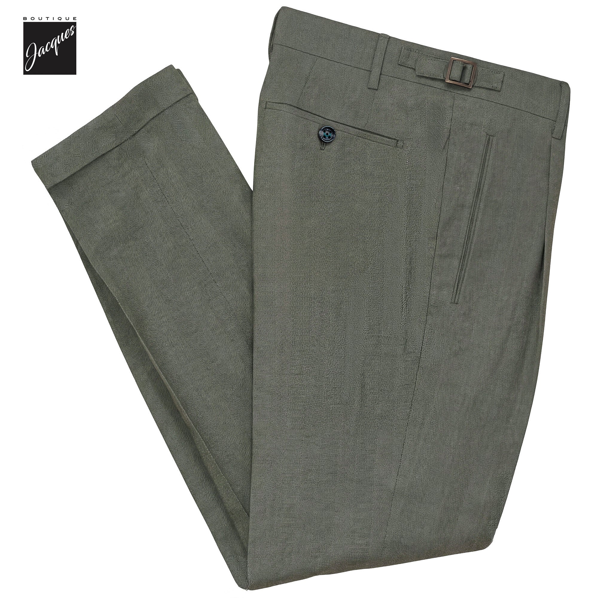 Green Herringbone Cotton-Lyocell Flannel Retro Long Trousers w/ Side Tabs - Berwich
