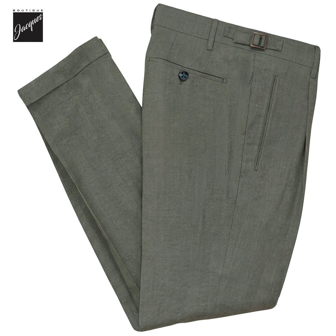 Green Herringbone Cotton-Lyocell Flannel Retro Long Trousers w/ Side Tabs - Berwich