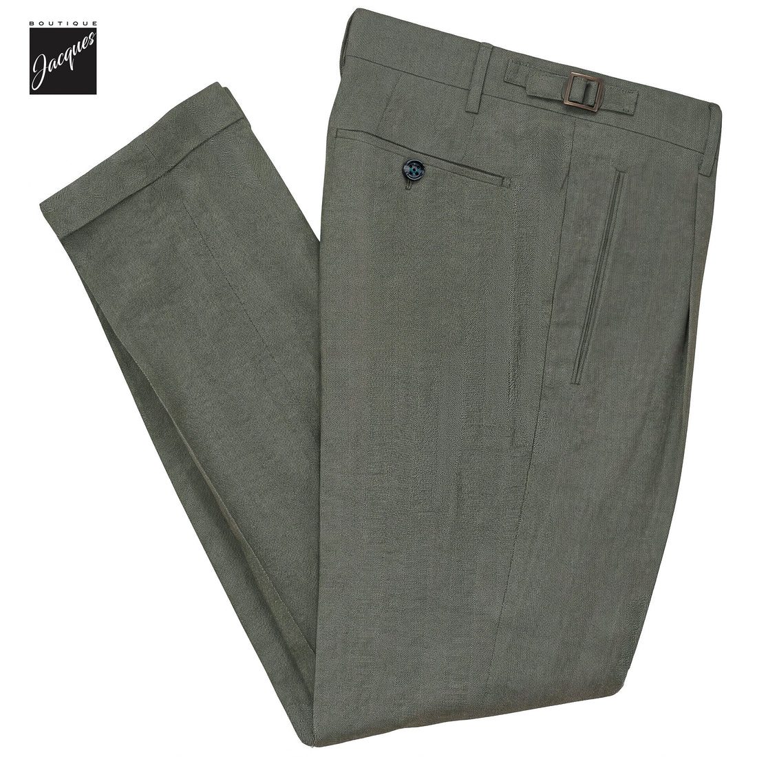 Green Herringbone Cotton-Lyocell Flannel Retro Long Trousers w/ Side Tabs - Berwich