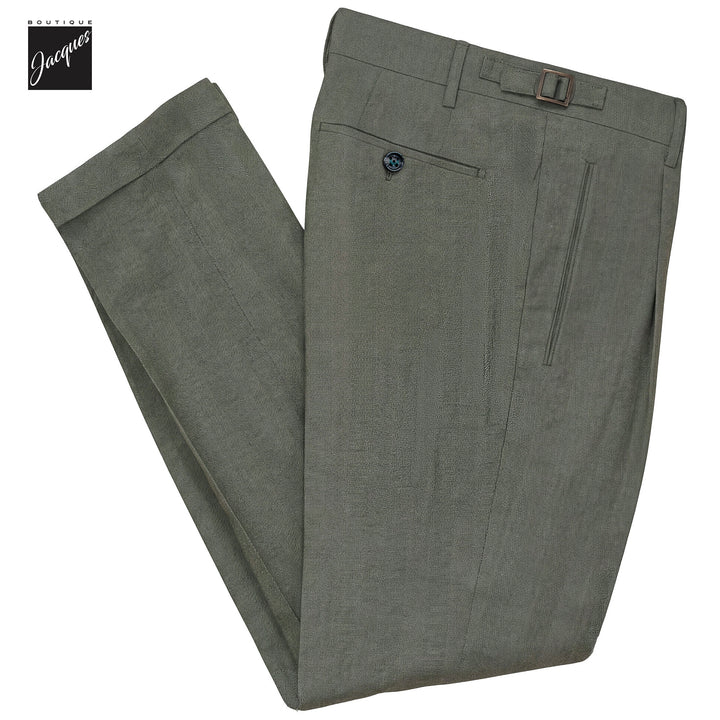 Green Herringbone Cotton-Lyocell Flannel Retro Long Trousers w/ Side Tabs - Berwich
