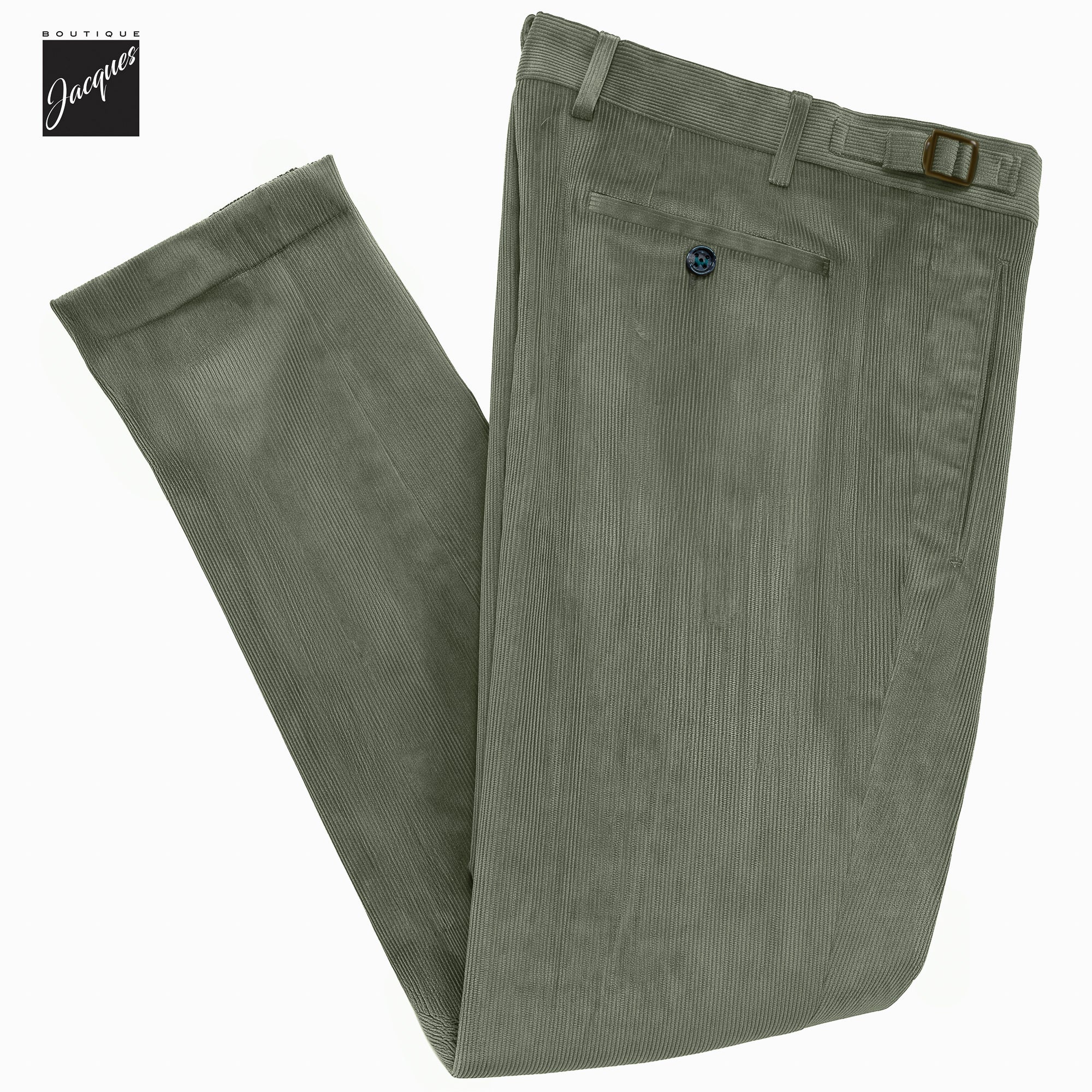 Sage Green Cotton-Modal Corduroy Retro Fit Pleated Trousers with Side Tabs - Berwich