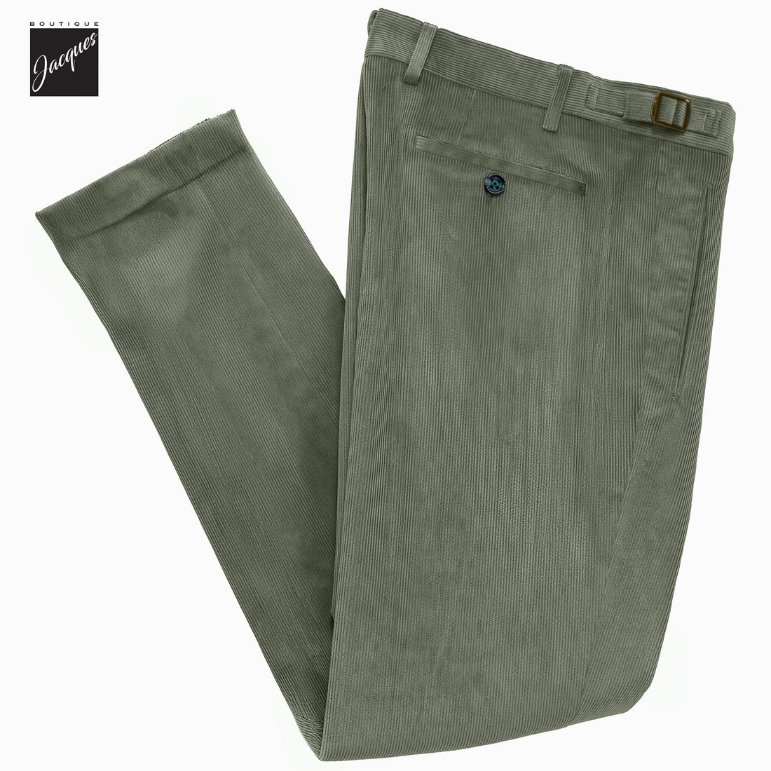 Sage Green Cotton-Modal Corduroy Retro Fit Pleated Trousers with Side Tabs - Berwich
