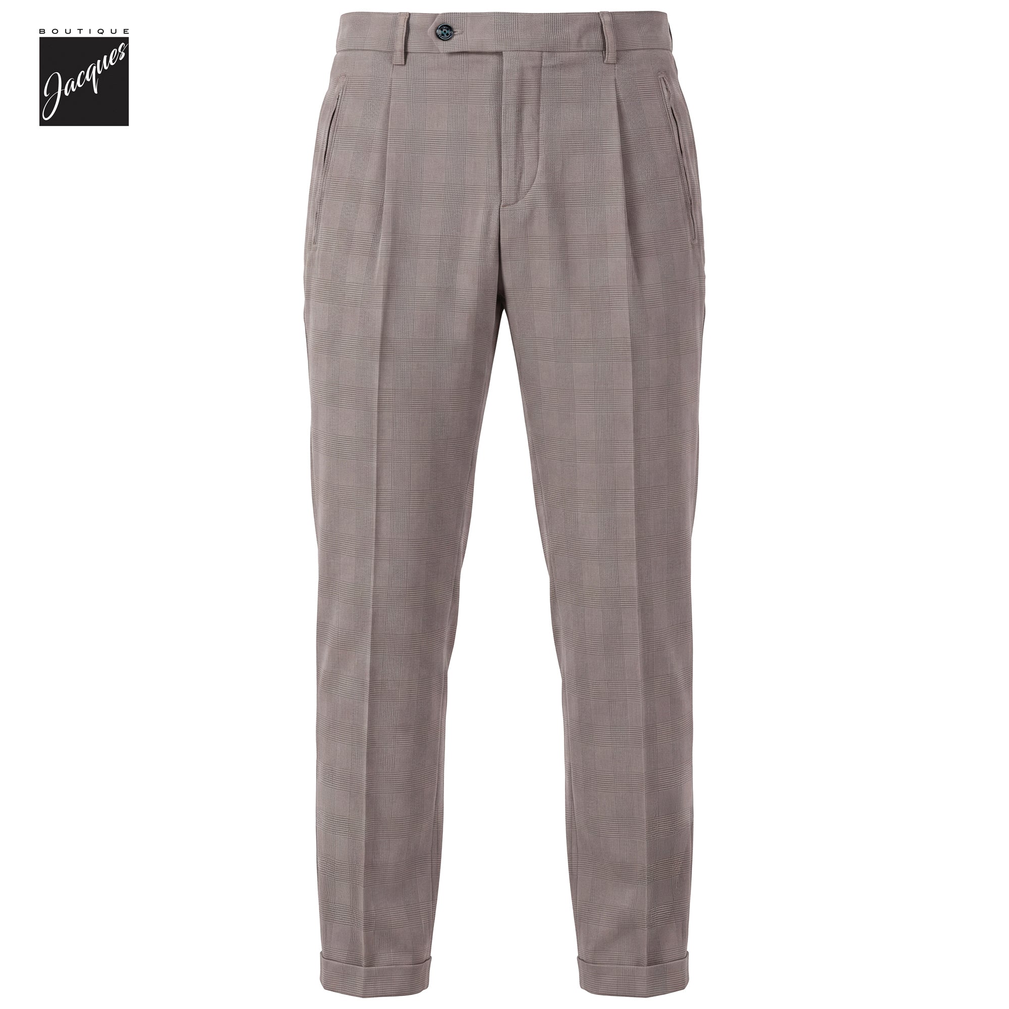 Putty Gray Prince-of-Wales Cotton-Lyocell Stretch Retro Long Trousers - Berwich
