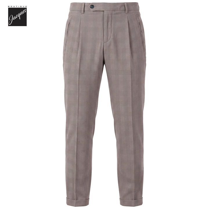 Putty Gray Prince-of-Wales Cotton-Lyocell Stretch Retro Long Trousers - Berwich