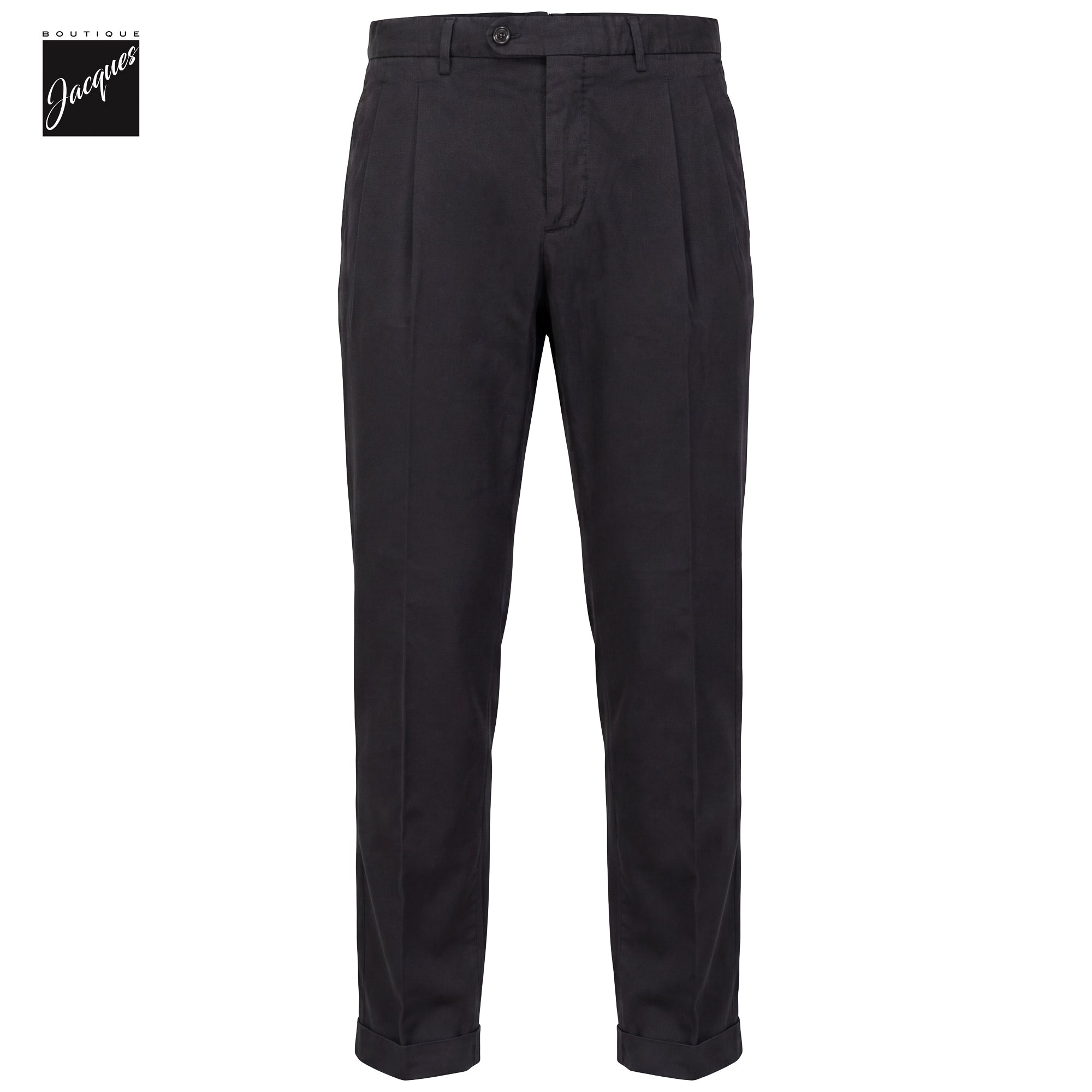 Black Cotton-Silk Stretch Barber Lux Pleated Chino Trousers - Berwich Platinum