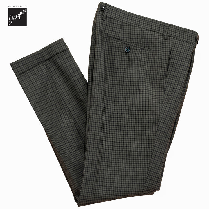 Green Check Virgin Wool Barber Long Double-Pleat Trousers - Berwich