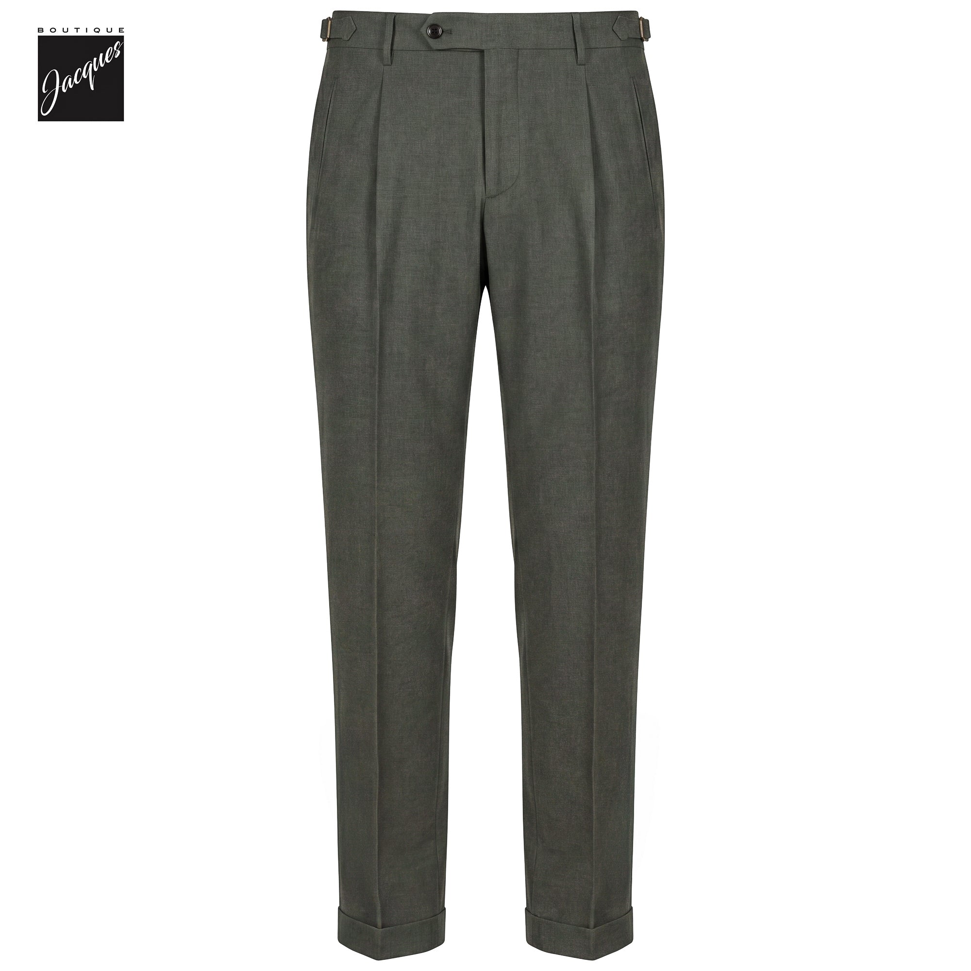 Green Herringbone Cotton-Lyocell Flannel Retro Long Trousers w/ Side Tabs - Berwich