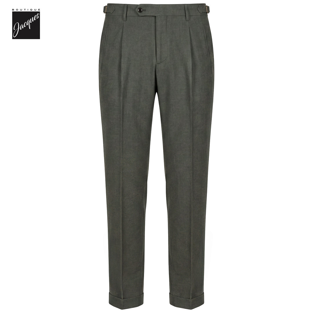 Green Herringbone Cotton-Lyocell Flannel Retro Long Trousers w/ Side Tabs - Berwich