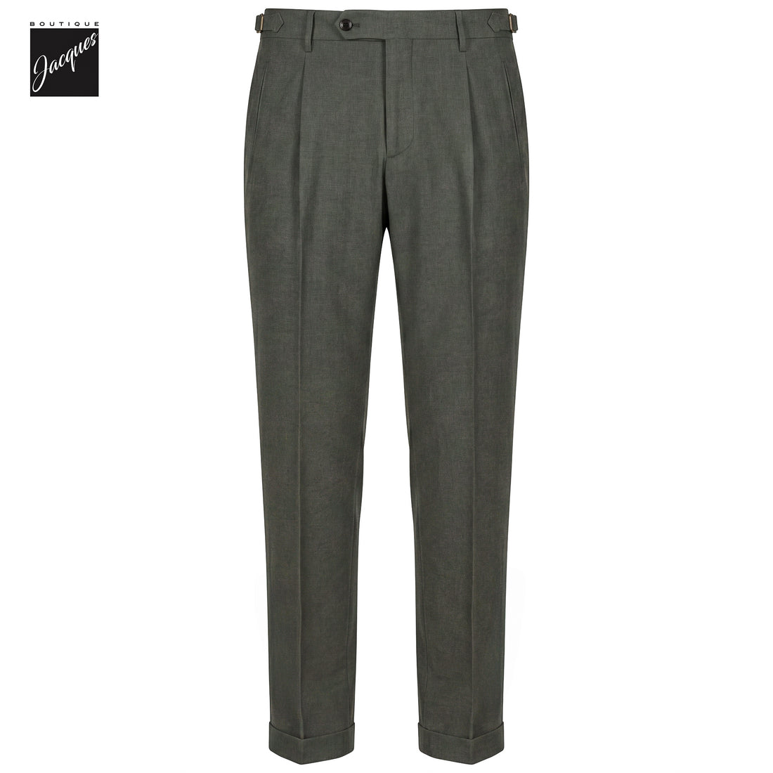 Green Herringbone Cotton-Lyocell Flannel Retro Long Trousers w/ Side Tabs - Berwich