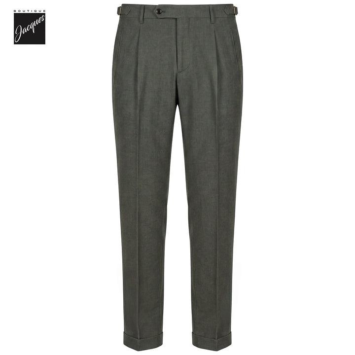 Green Herringbone Cotton-Lyocell Flannel Retro Long Trousers w/ Side Tabs - Berwich