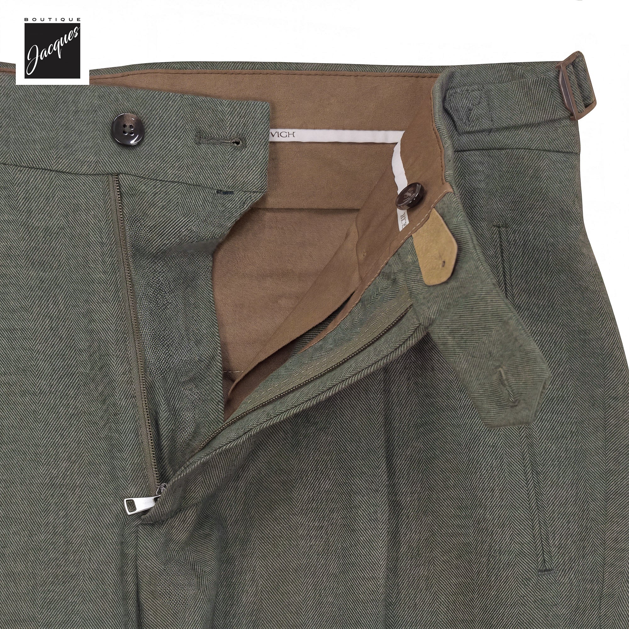 Green Herringbone Cotton-Lyocell Flannel Retro Long Trousers w/ Side Tabs - Berwich