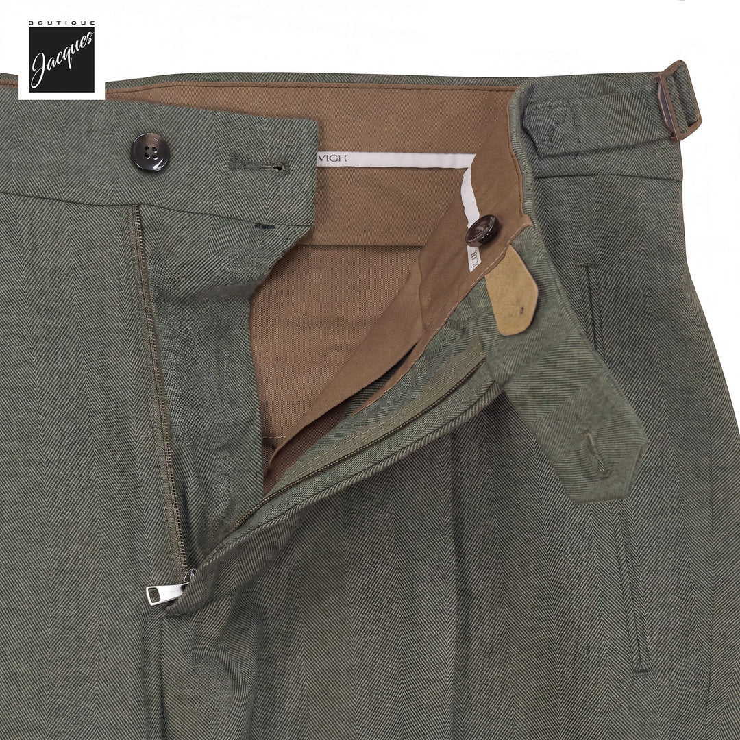 Green Herringbone Cotton-Lyocell Flannel Retro Long Trousers w/ Side Tabs - Berwich