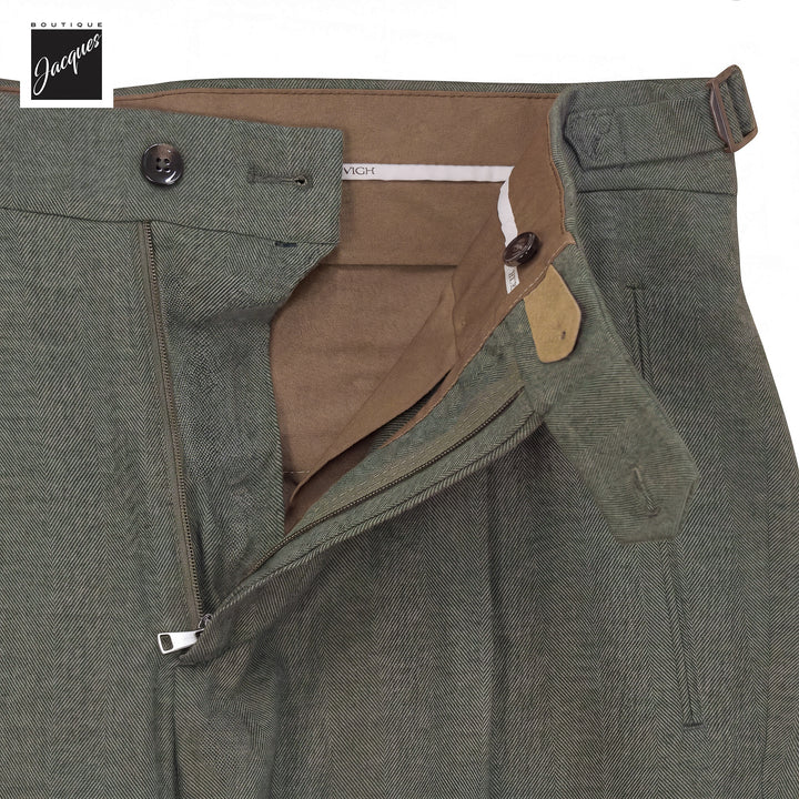 Green Herringbone Cotton-Lyocell Flannel Retro Long Trousers w/ Side Tabs - Berwich