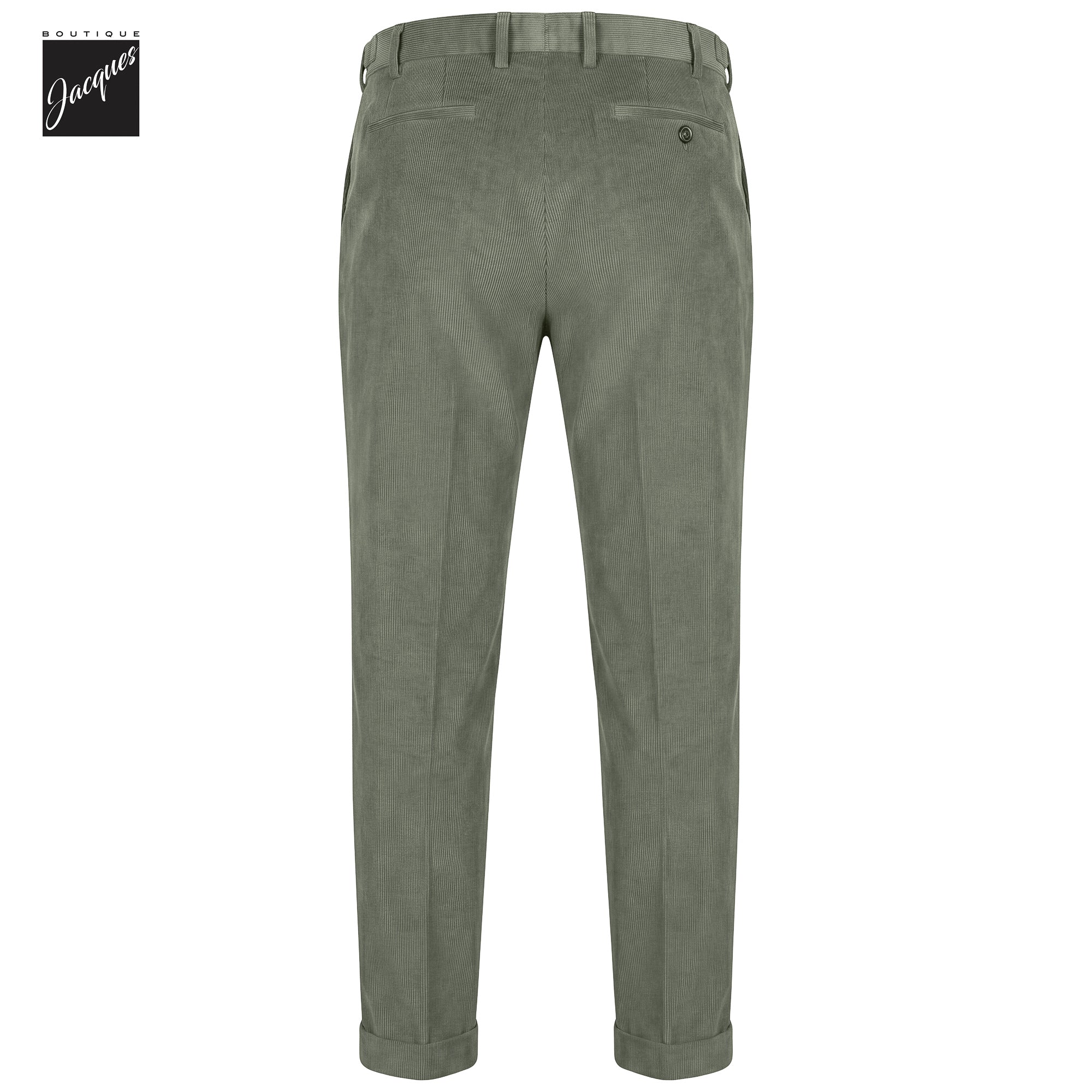 Sage Green Cotton-Modal Corduroy Retro Fit Pleated Trousers with Side Tabs - Berwich