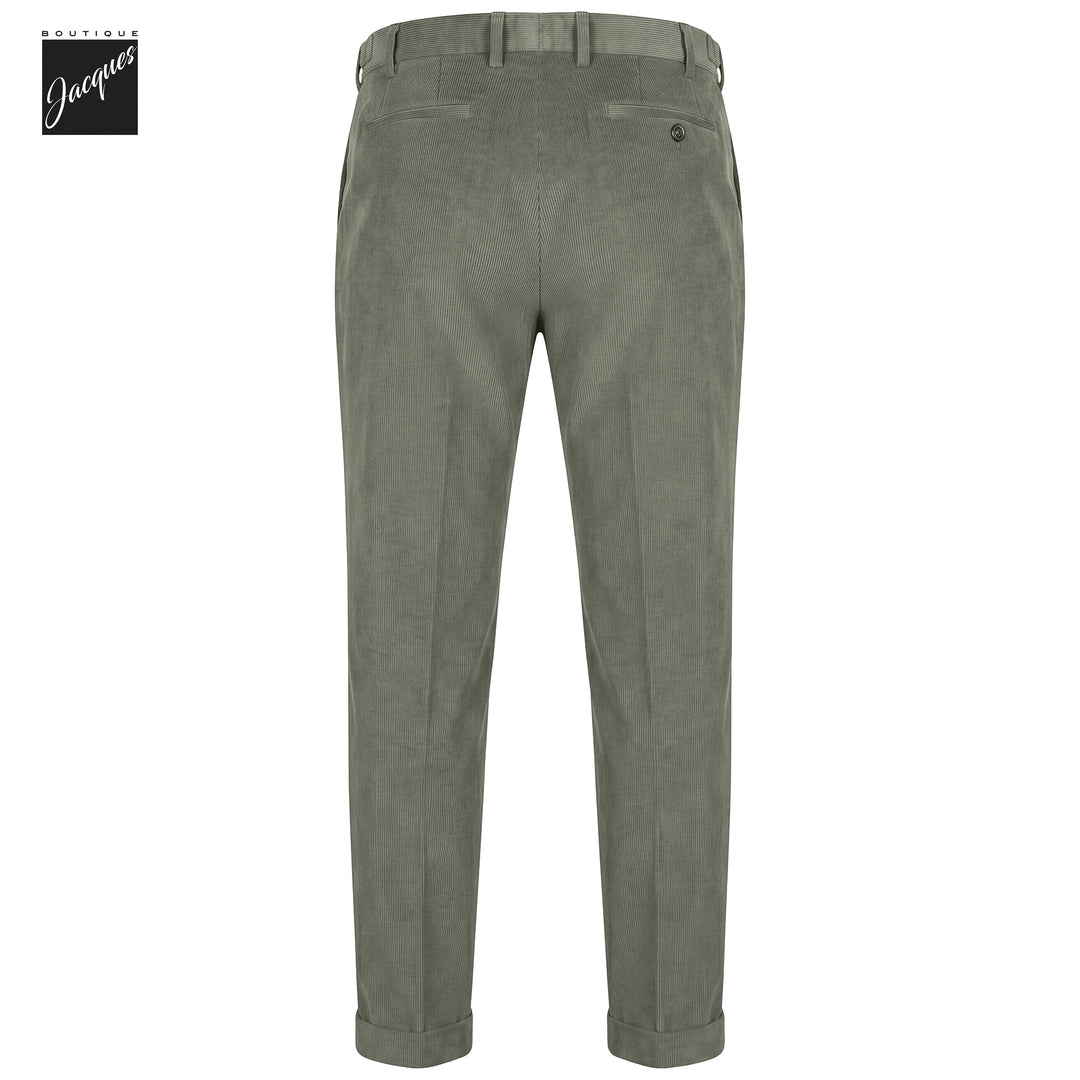 Sage Green Cotton-Modal Corduroy Retro Fit Pleated Trousers with Side Tabs - Berwich