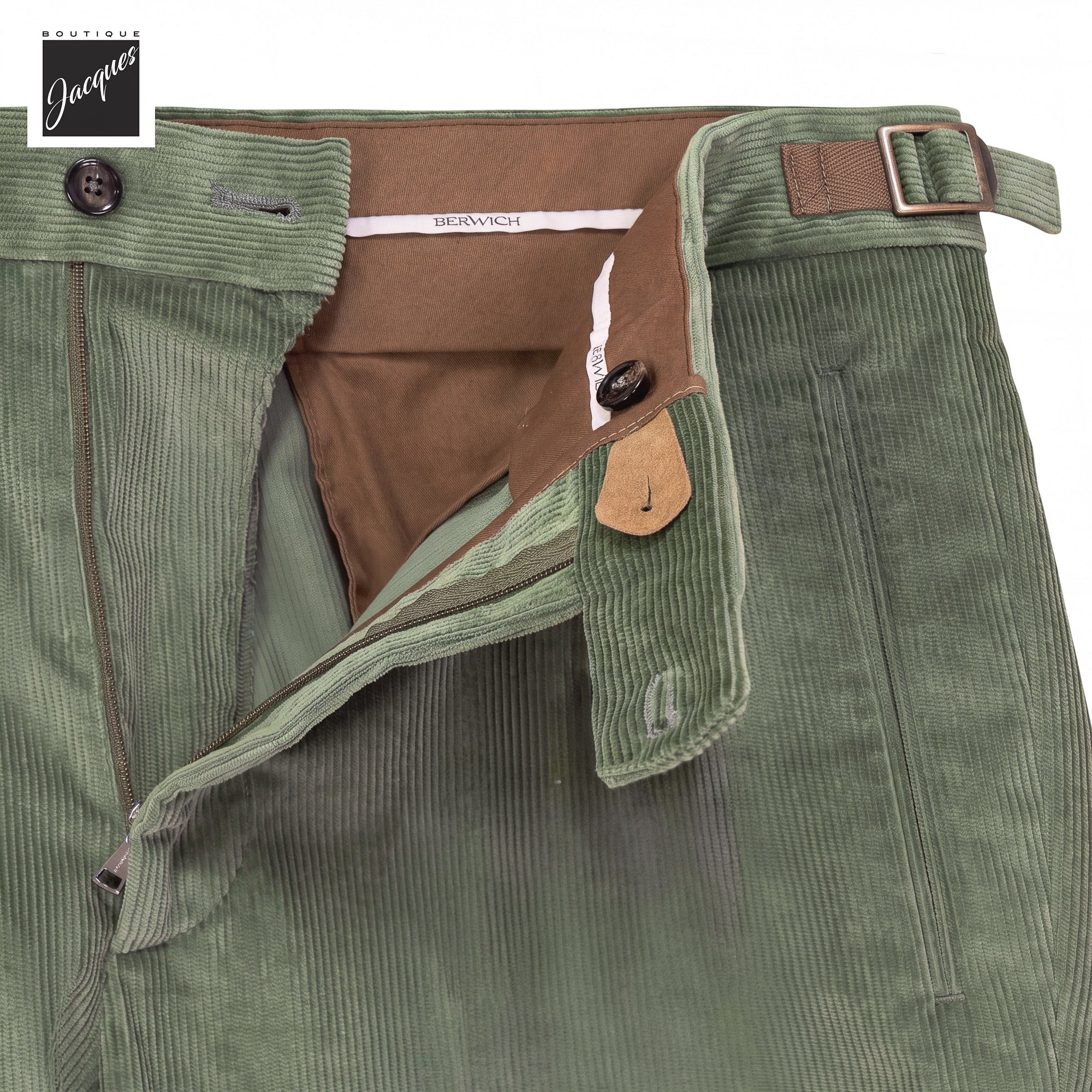 Sage Green Cotton-Modal Corduroy Retro Fit Pleated Trousers with Side Tabs - Berwich