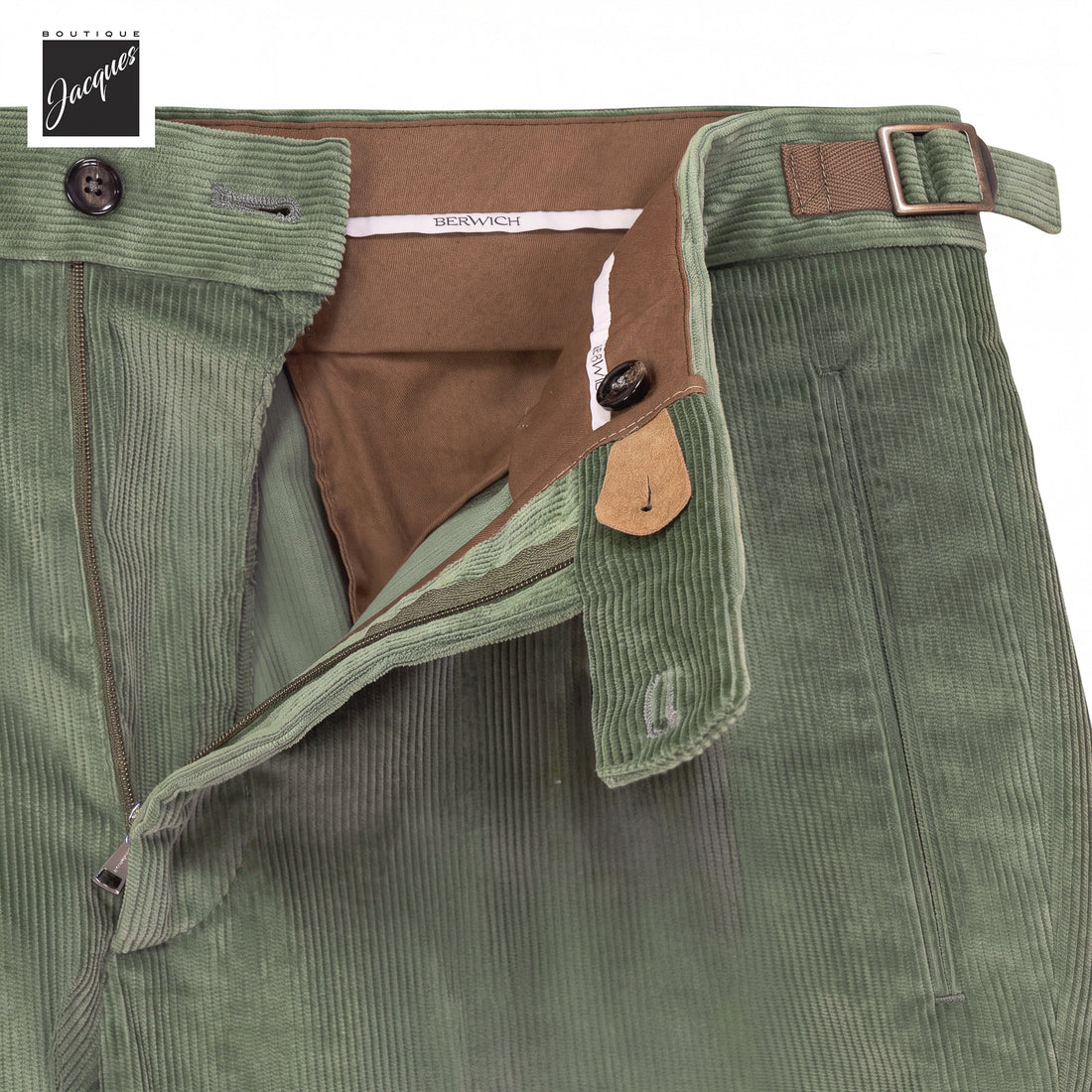 Sage Green Cotton-Modal Corduroy Retro Fit Pleated Trousers with Side Tabs - Berwich