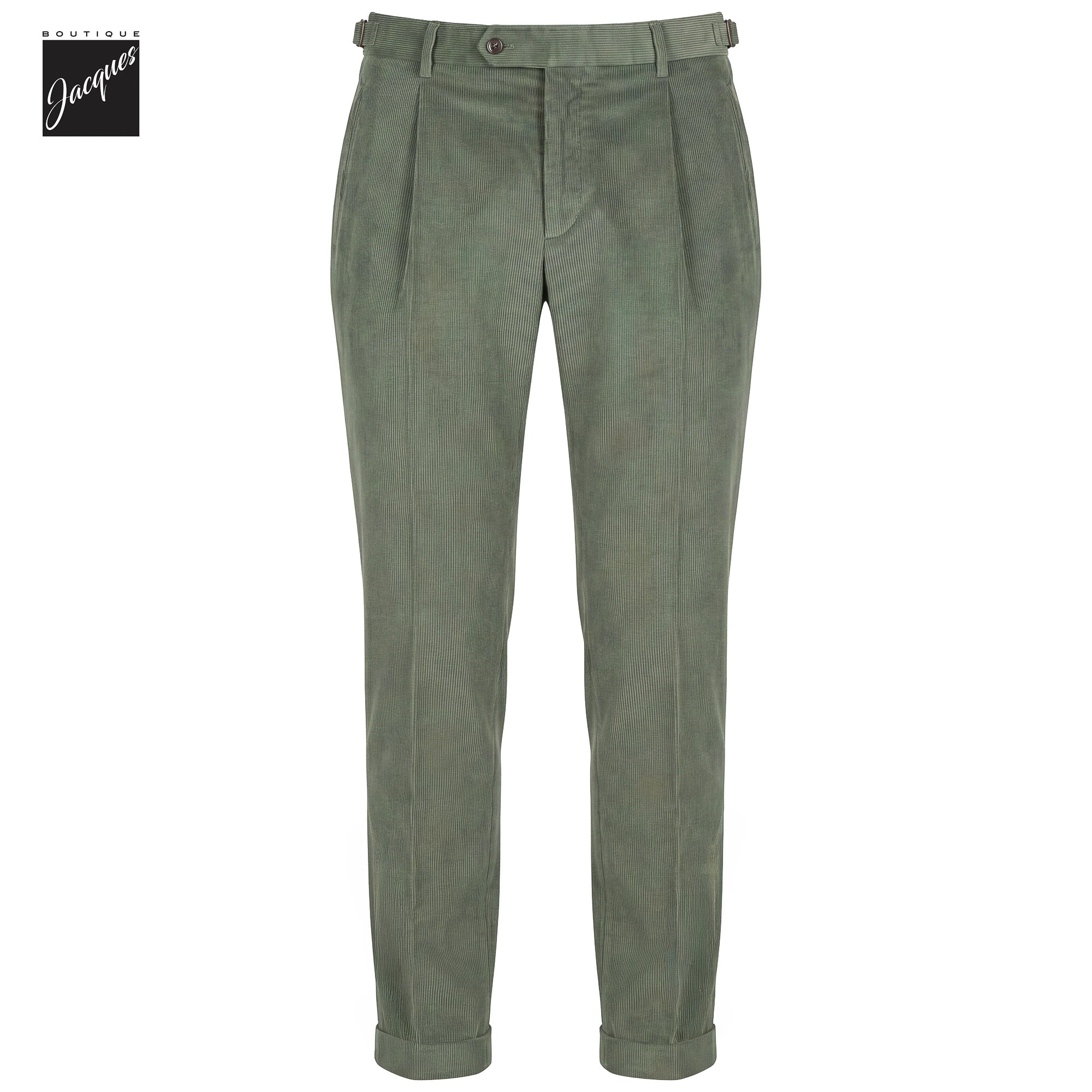 Sage Green Cotton-Modal Corduroy Retro Fit Pleated Trousers with Side Tabs - Berwich