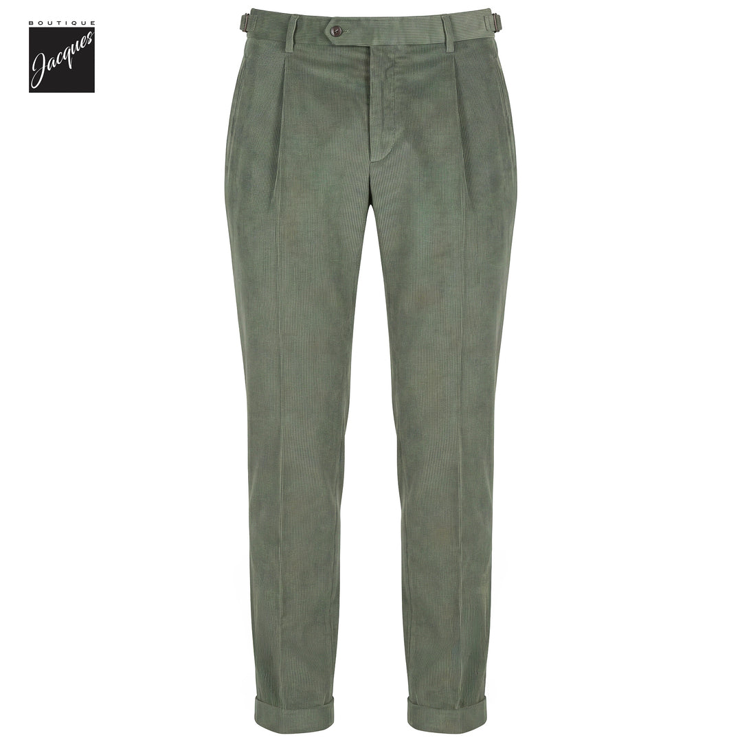 Sage Green Cotton-Modal Corduroy Retro Fit Pleated Trousers with Side Tabs - Berwich