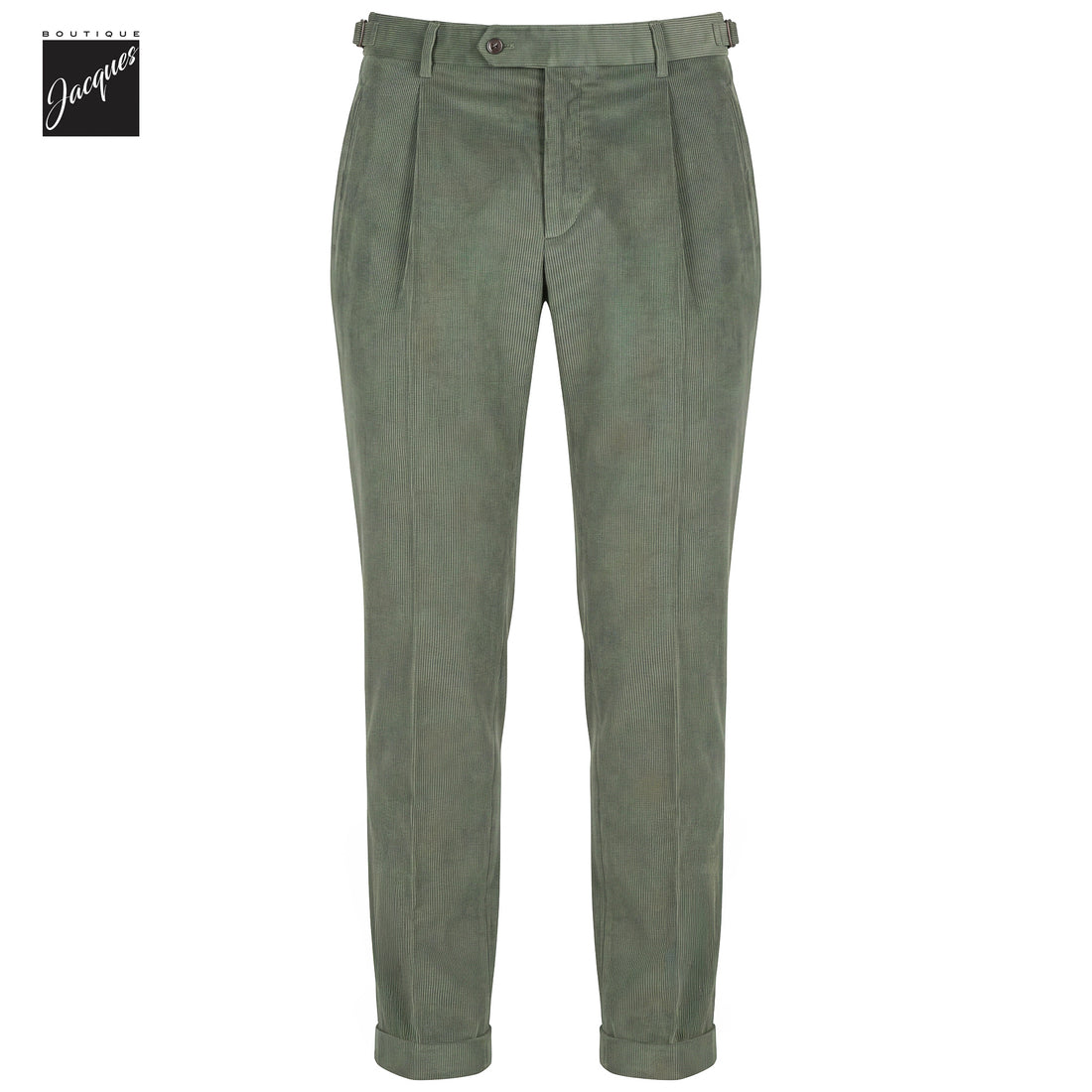 Sage Green Cotton-Modal Corduroy Retro Fit Pleated Trousers with Side Tabs - Berwich