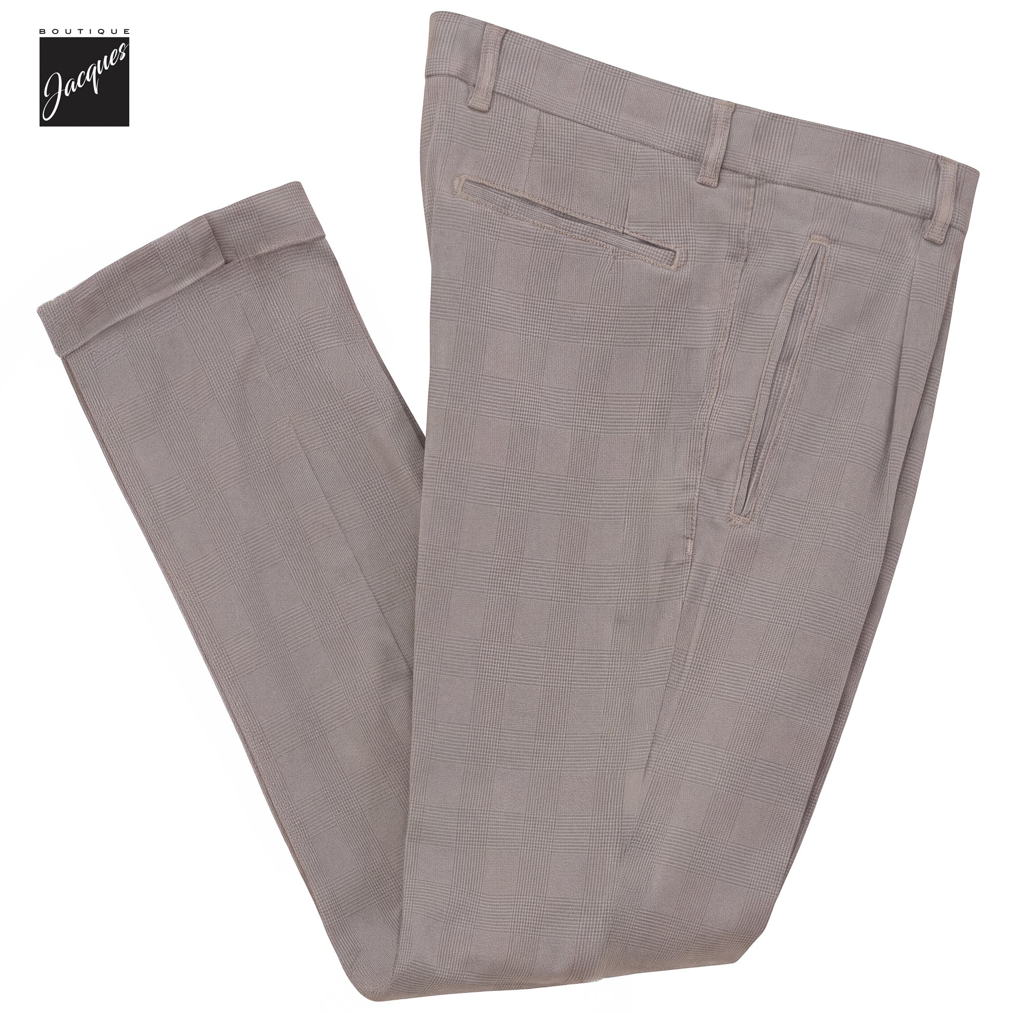 Putty Gray Prince-of-Wales Cotton-Lyocell Stretch Retro Long Trousers - Berwich