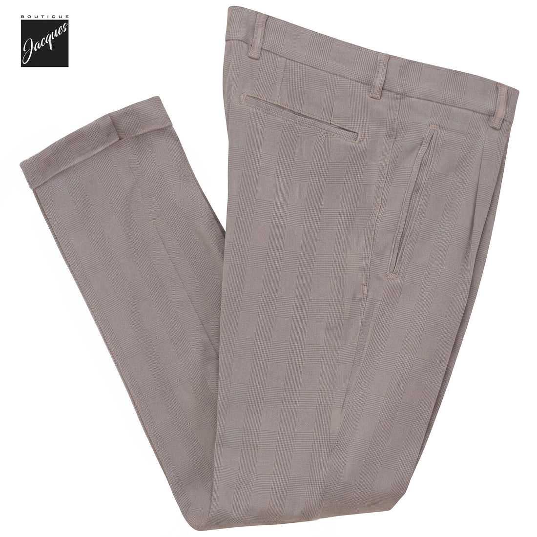 Putty Gray Prince-of-Wales Cotton-Lyocell Stretch Retro Long Trousers - Berwich