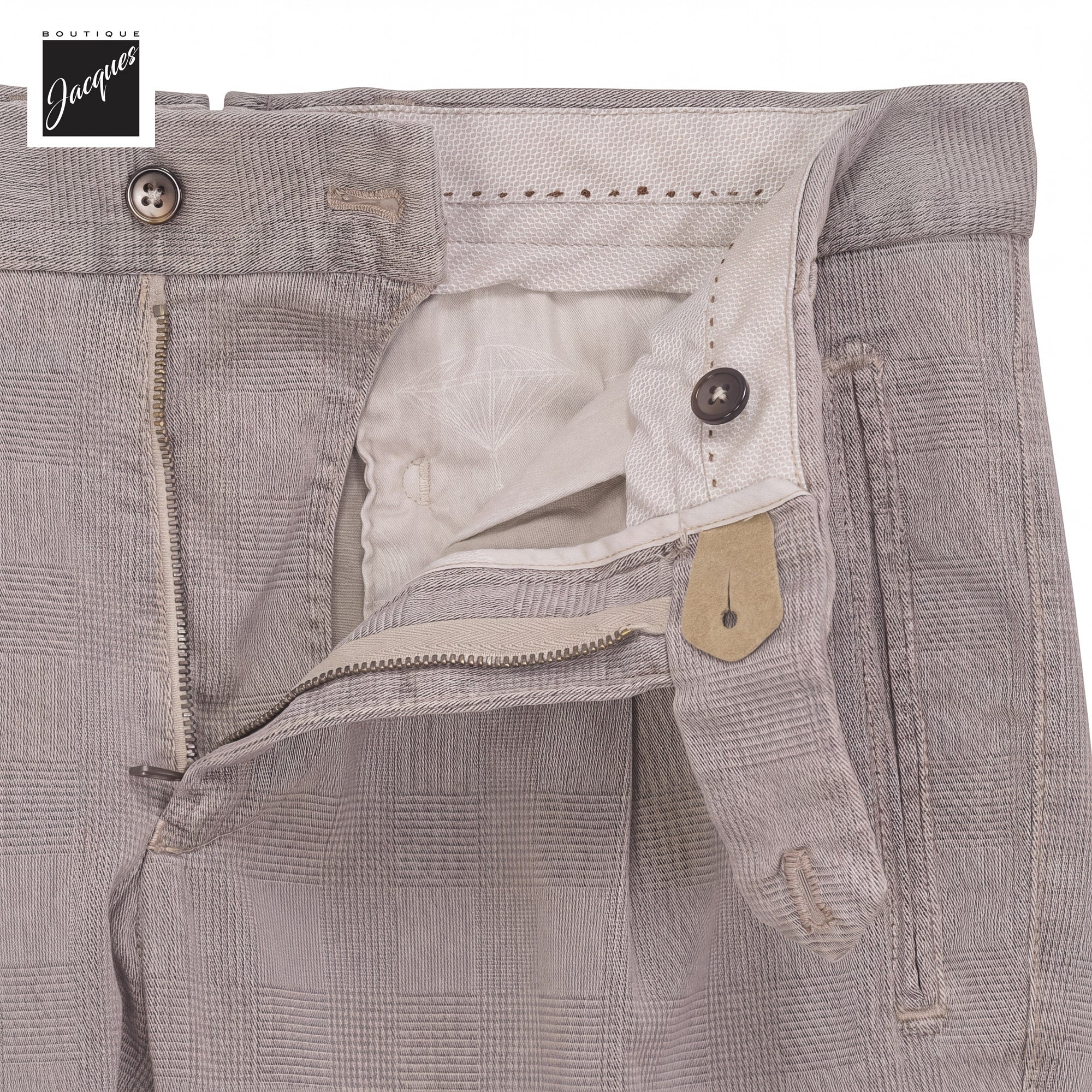 Putty Gray Prince-of-Wales Cotton-Lyocell Stretch Retro Long Trousers - Berwich