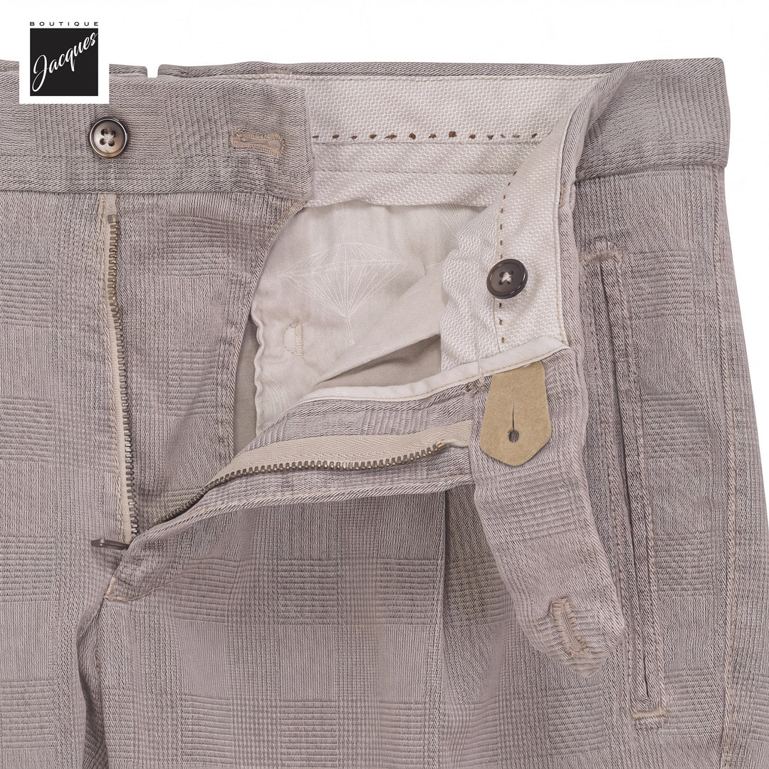 Putty Gray Prince-of-Wales Cotton-Lyocell Stretch Retro Long Trousers - Berwich