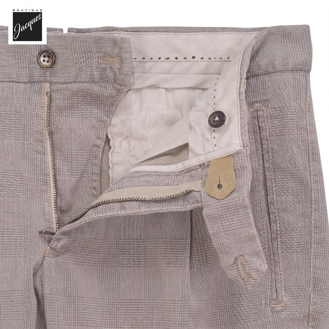 Putty Gray Prince-of-Wales Cotton-Lyocell Stretch Retro Long Trousers - Berwich