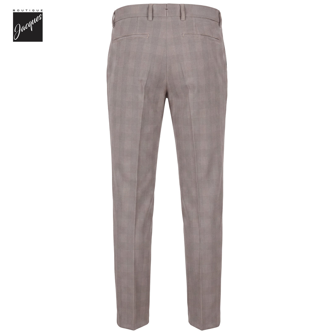 Putty Gray Prince-of-Wales Cotton-Lyocell Stretch Retro Long Trousers - Berwich