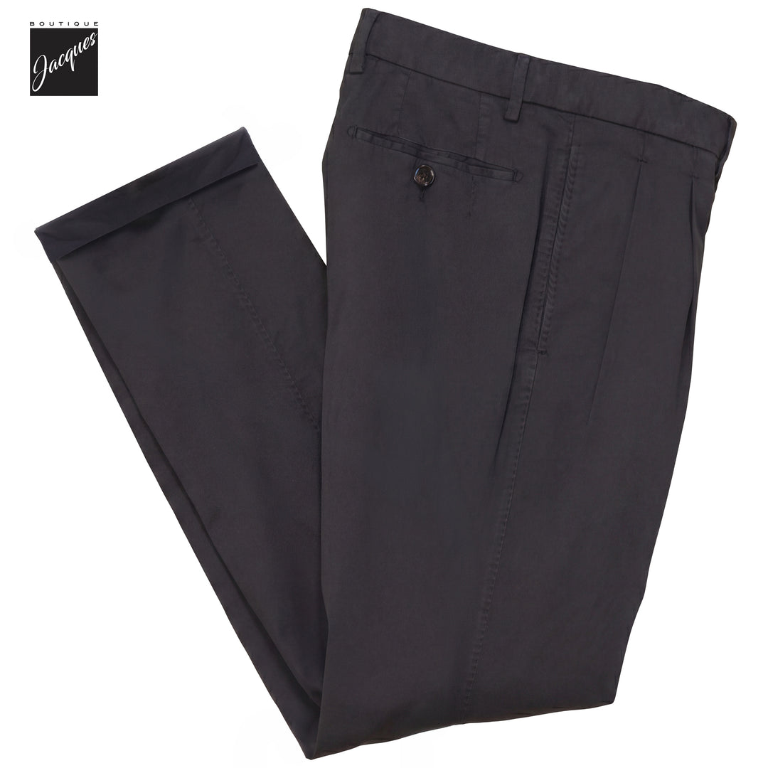 Black Cotton-Silk Stretch Barber Lux Pleated Chino Trousers - Berwich Platinum