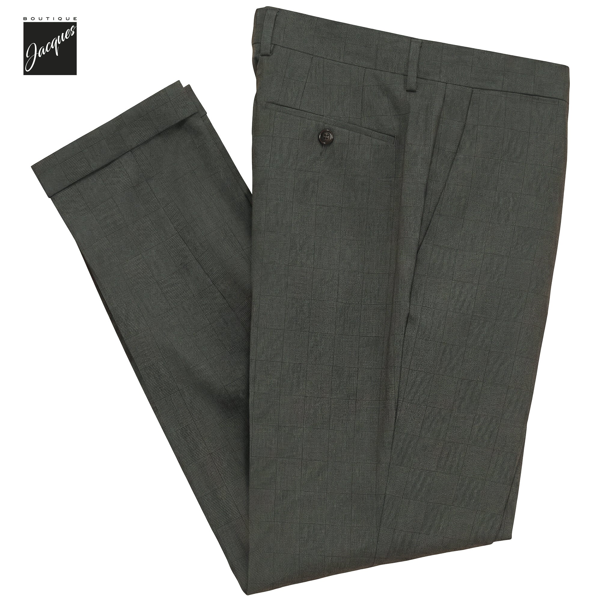 Dark Green Check Virgin Wool YRetro Long Flat Front Trousers - Berwich