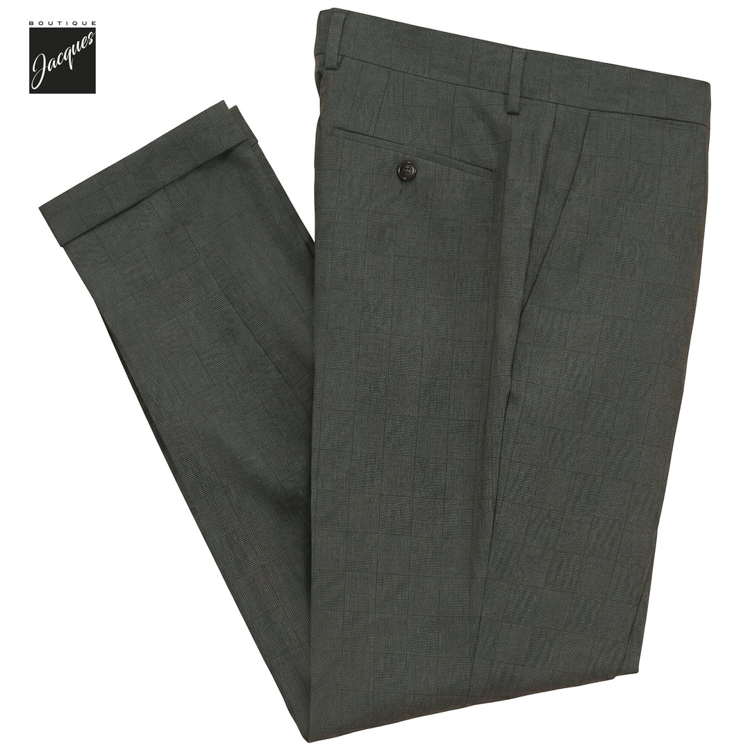 Dark Green Check Virgin Wool YRetro Long Flat Front Trousers - Berwich