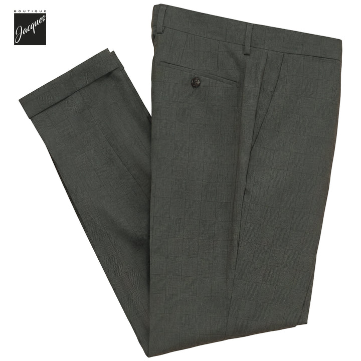 Dark Green Check Virgin Wool YRetro Long Flat Front Trousers - Berwich