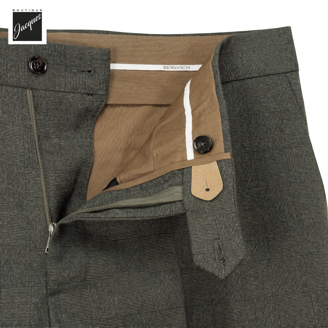 Dark Green Check Virgin Wool YRetro Long Flat Front Trousers - Berwich