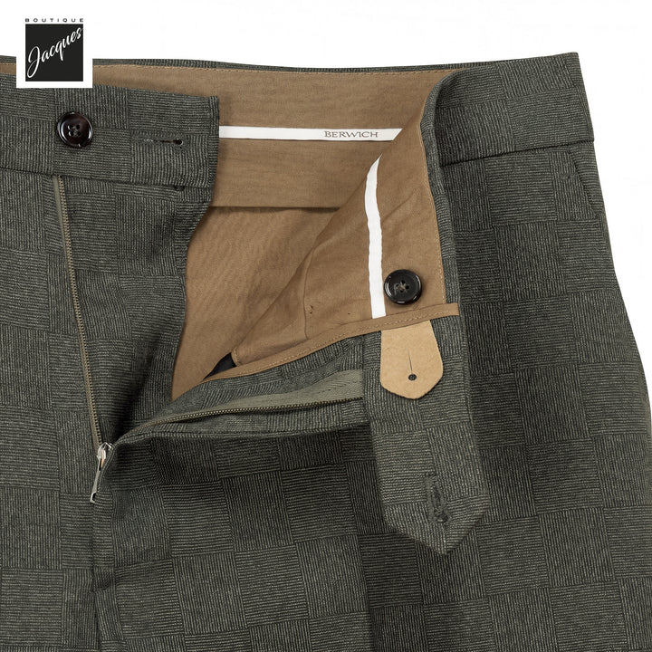 Dark Green Check Virgin Wool YRetro Long Flat Front Trousers - Berwich