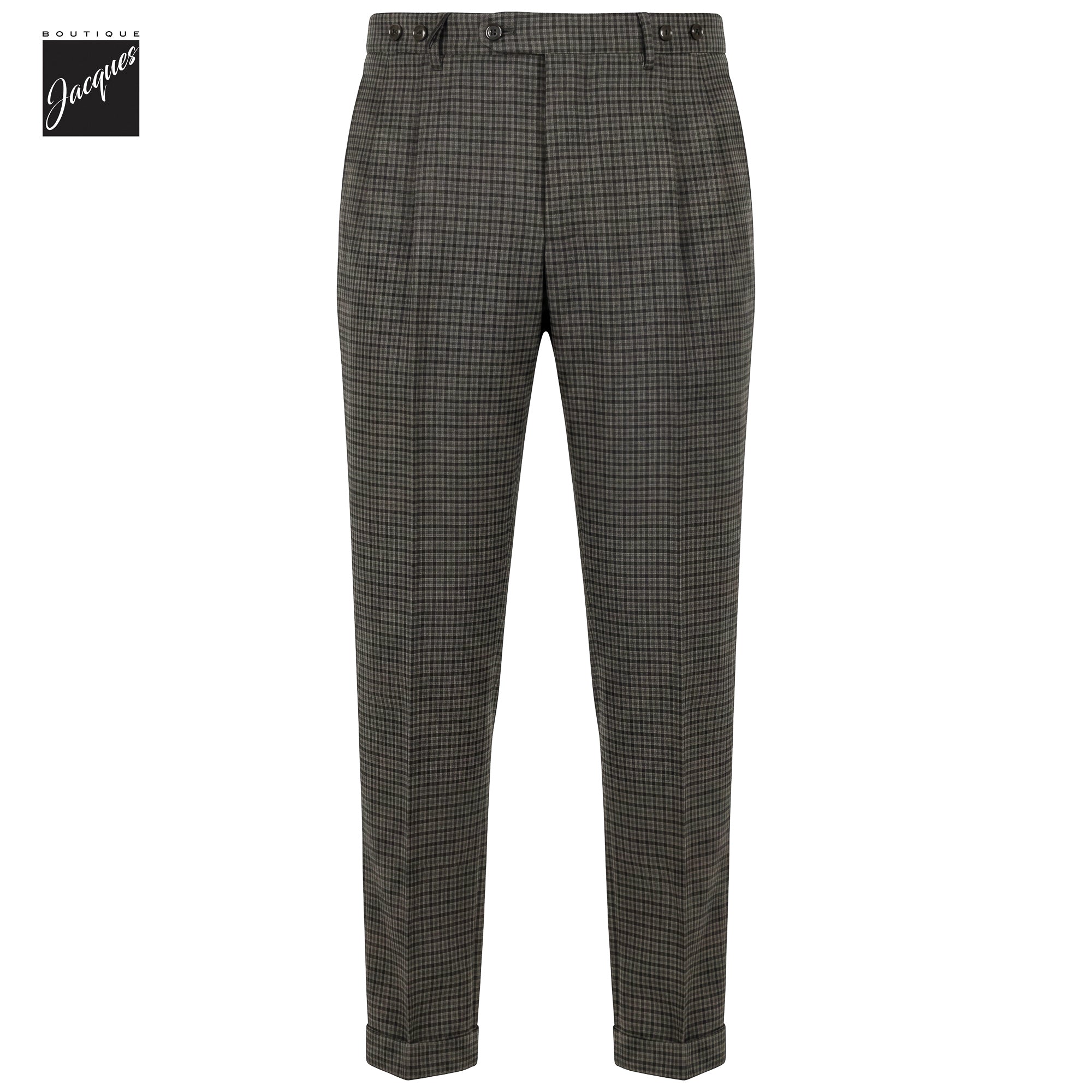 Green Check Virgin Wool Barber Long Double-Pleat Trousers - Berwich