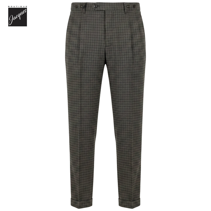 Green Check Virgin Wool Barber Long Double-Pleat Trousers - Berwich