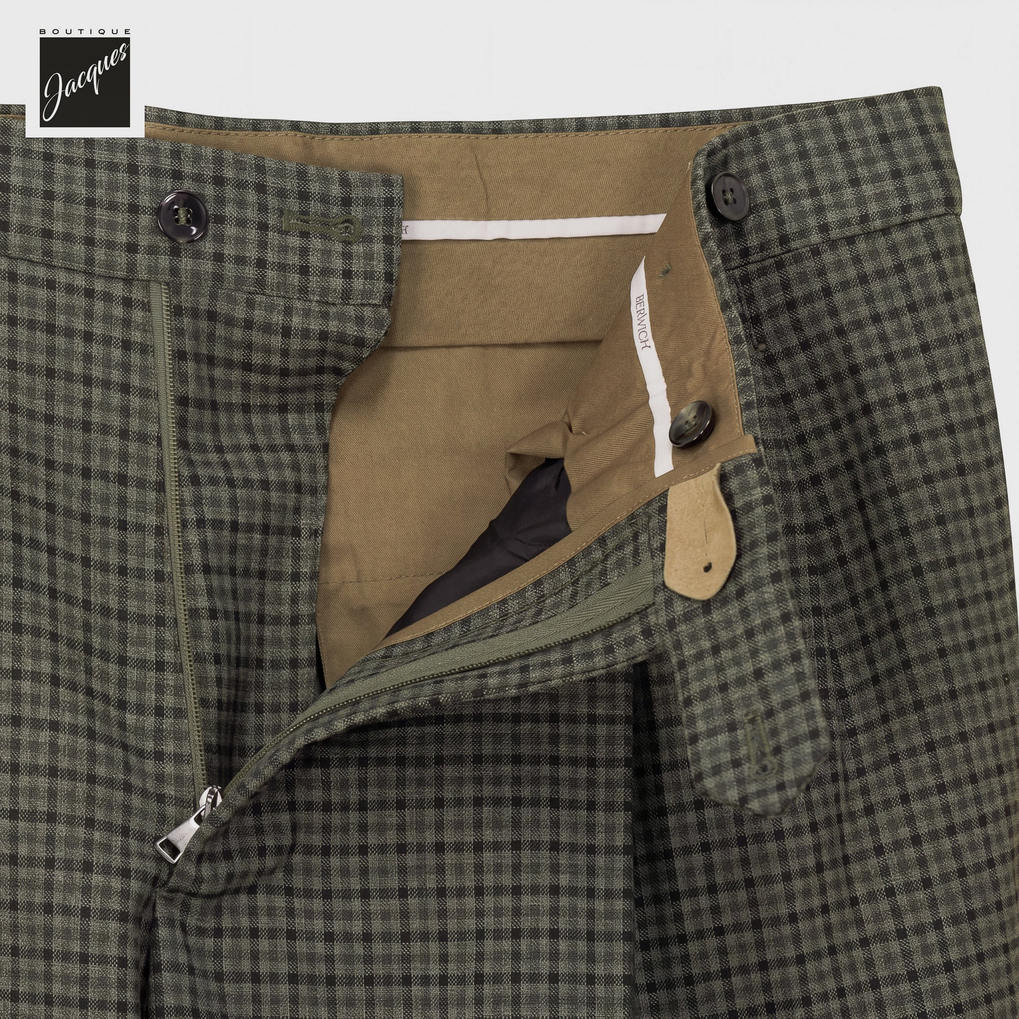 Green Check Virgin Wool Barber Long Double-Pleat Trousers - Berwich