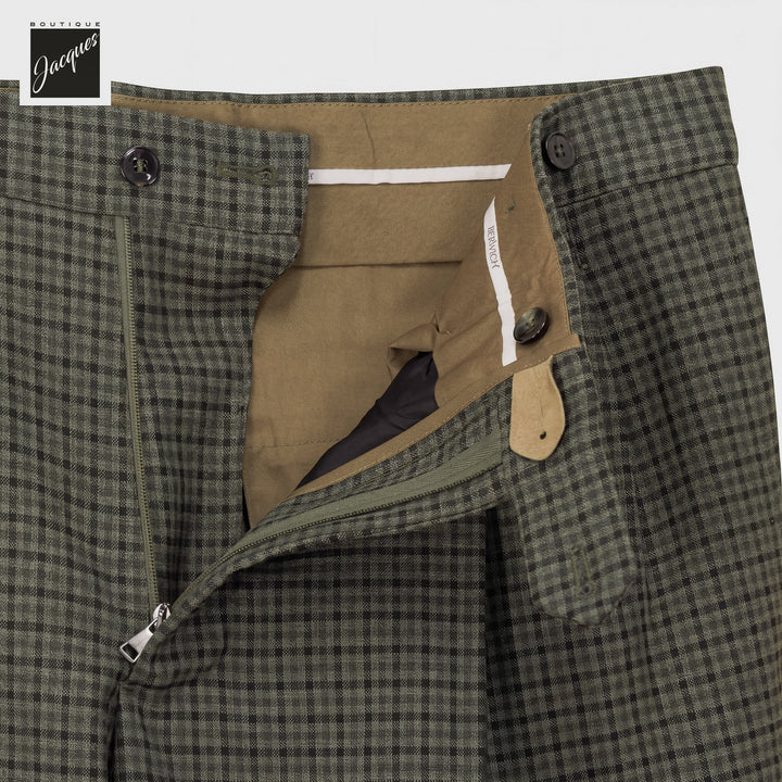 Green Check Virgin Wool Barber Long Double-Pleat Trousers - Berwich