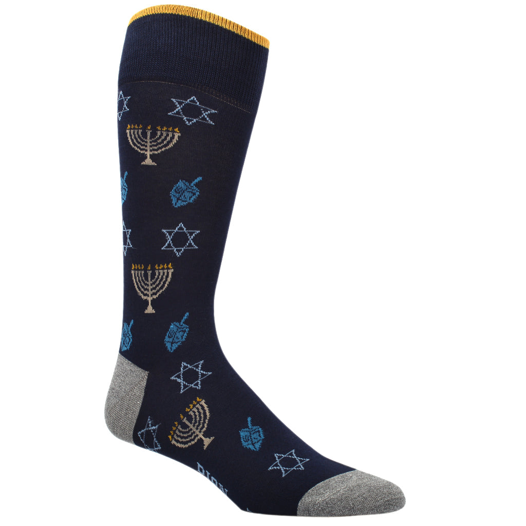 Navy Blue Hanukkah Motif Mercerized Cotton Mid-Calf Socks - DION