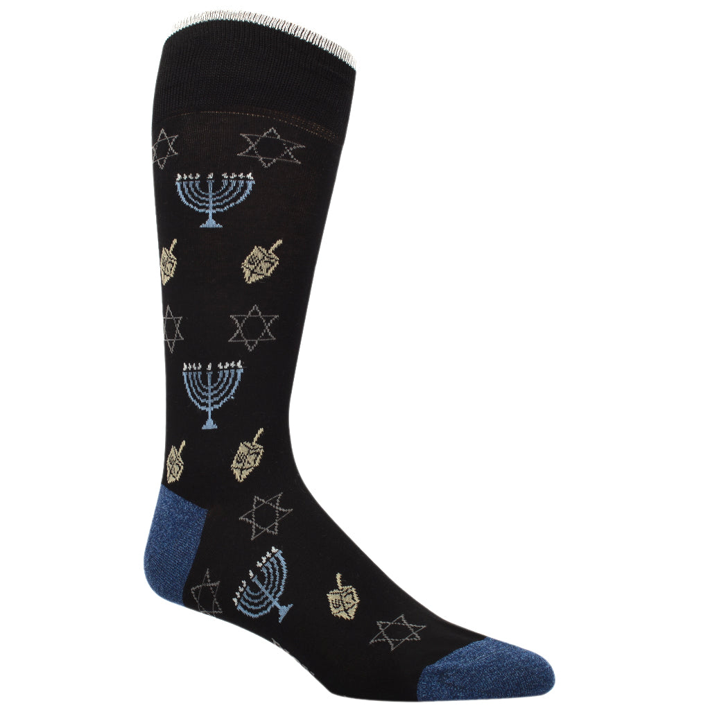 Black Hanukkah Motif Mercerized Cotton Mid-Calf Socks - DION