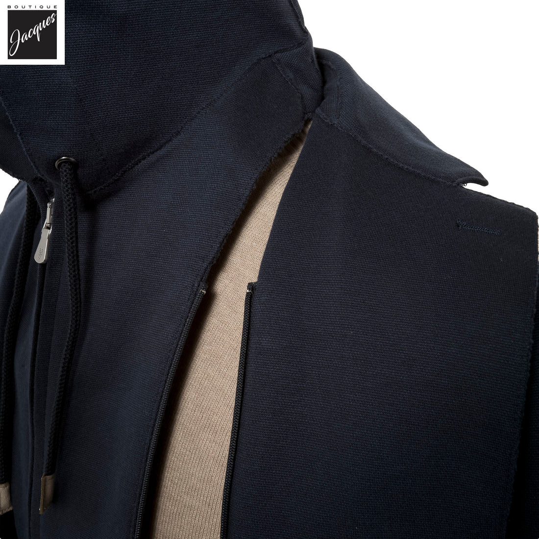 Navy Blue Cotton-Stretch Hybrid Sport Jacket with Removable Hood - ELEVENTY - Boutique Jacques International