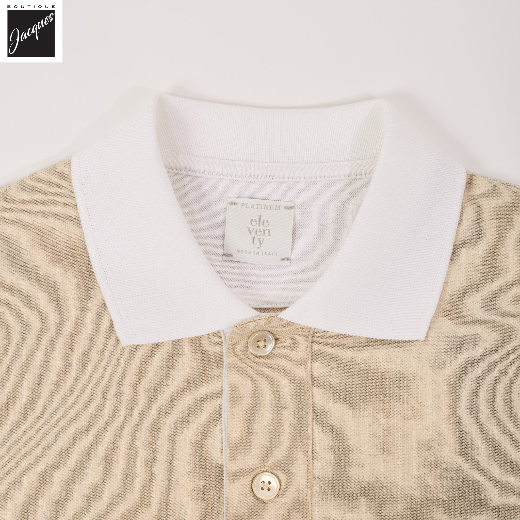 Sand Pique Cotton Polo Shirt with White Trims - ELEVENTY PLATINUM - Boutique Jacques International