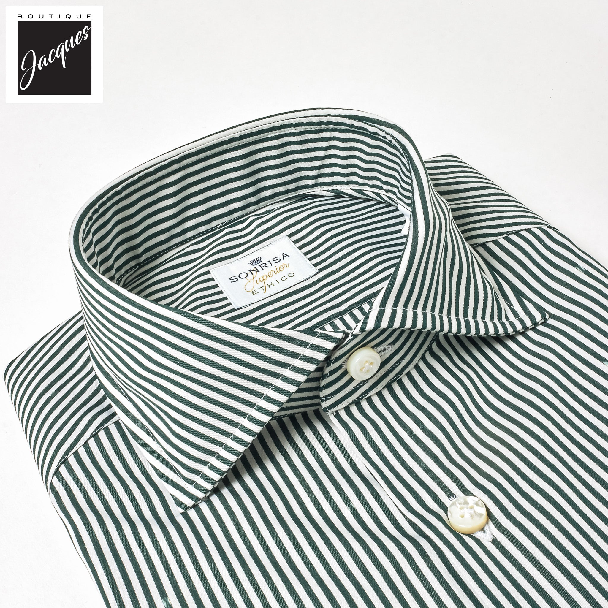 Dark Green Striped Superior Cotton Modern Fit Dress Shirt - SONRISA