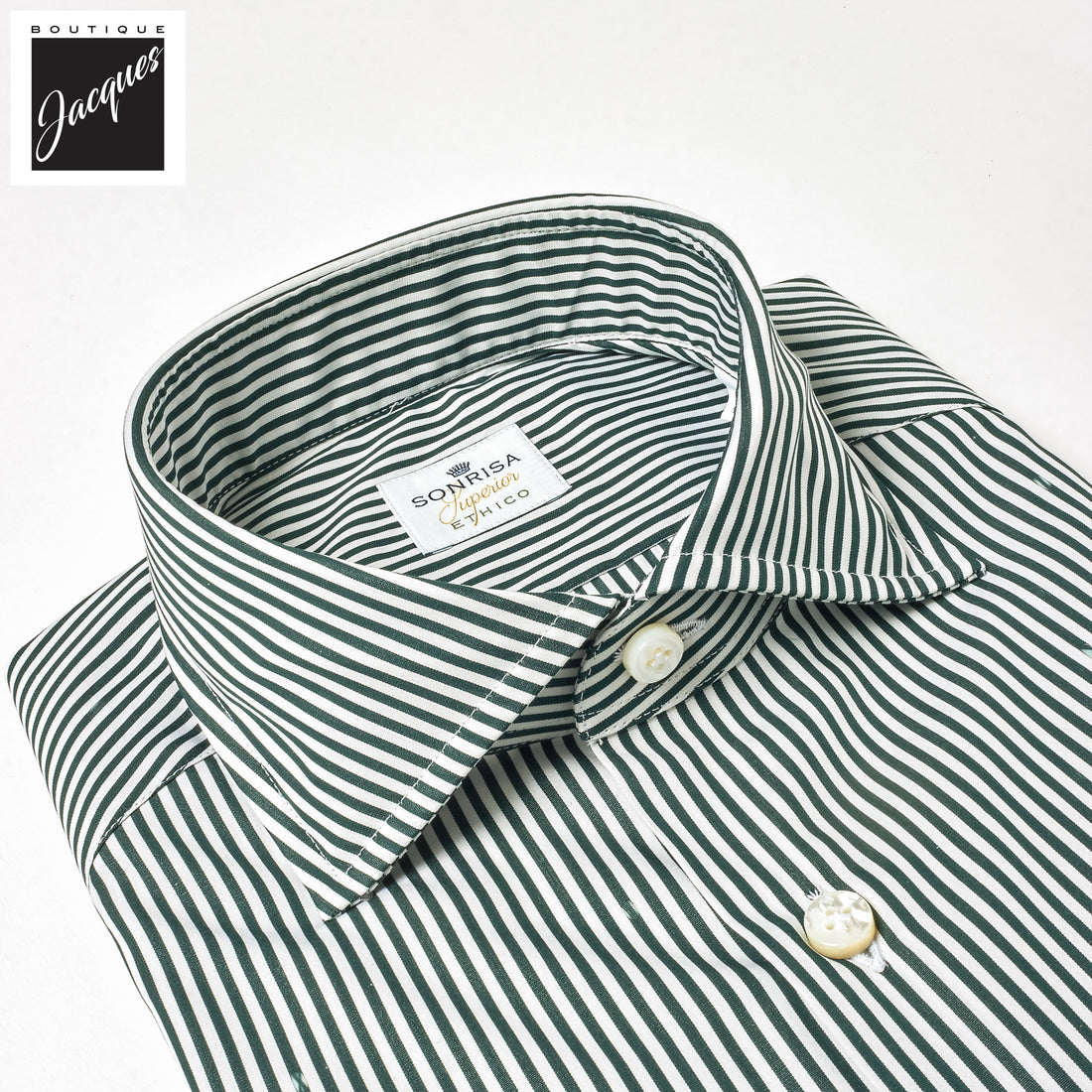 Dark Green Striped Superior Cotton Modern Fit Dress Shirt - SONRISA