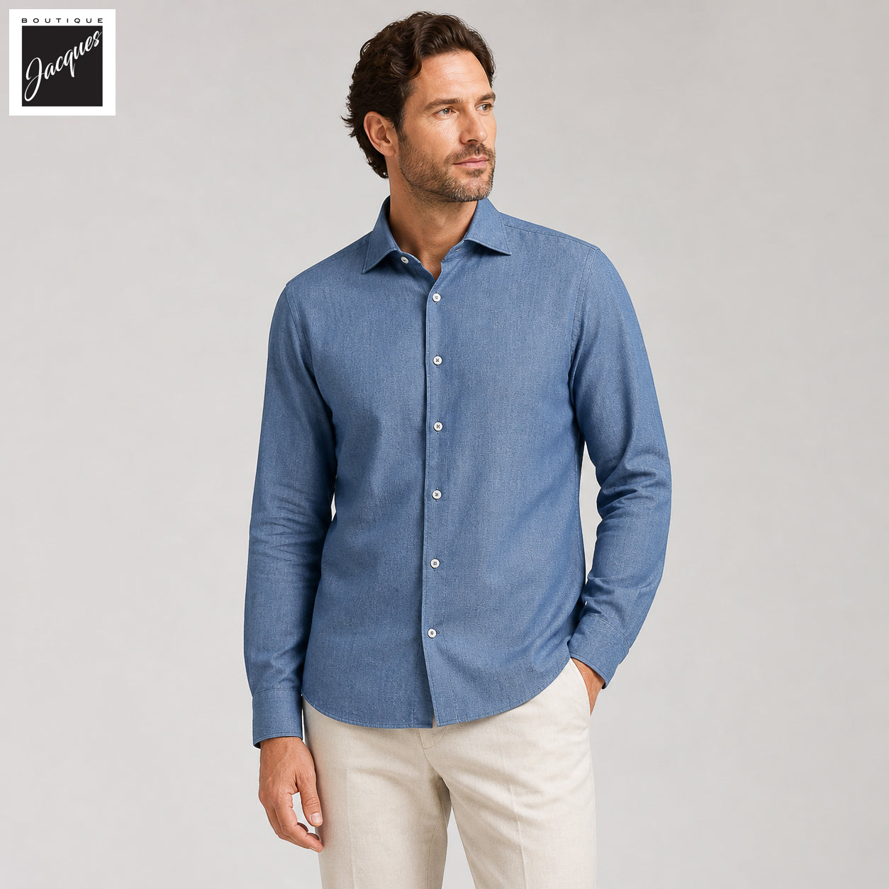 Blue Super Stone Washed Denim Slim Fit Casual Shirt - FRADI - Boutique Jacques International