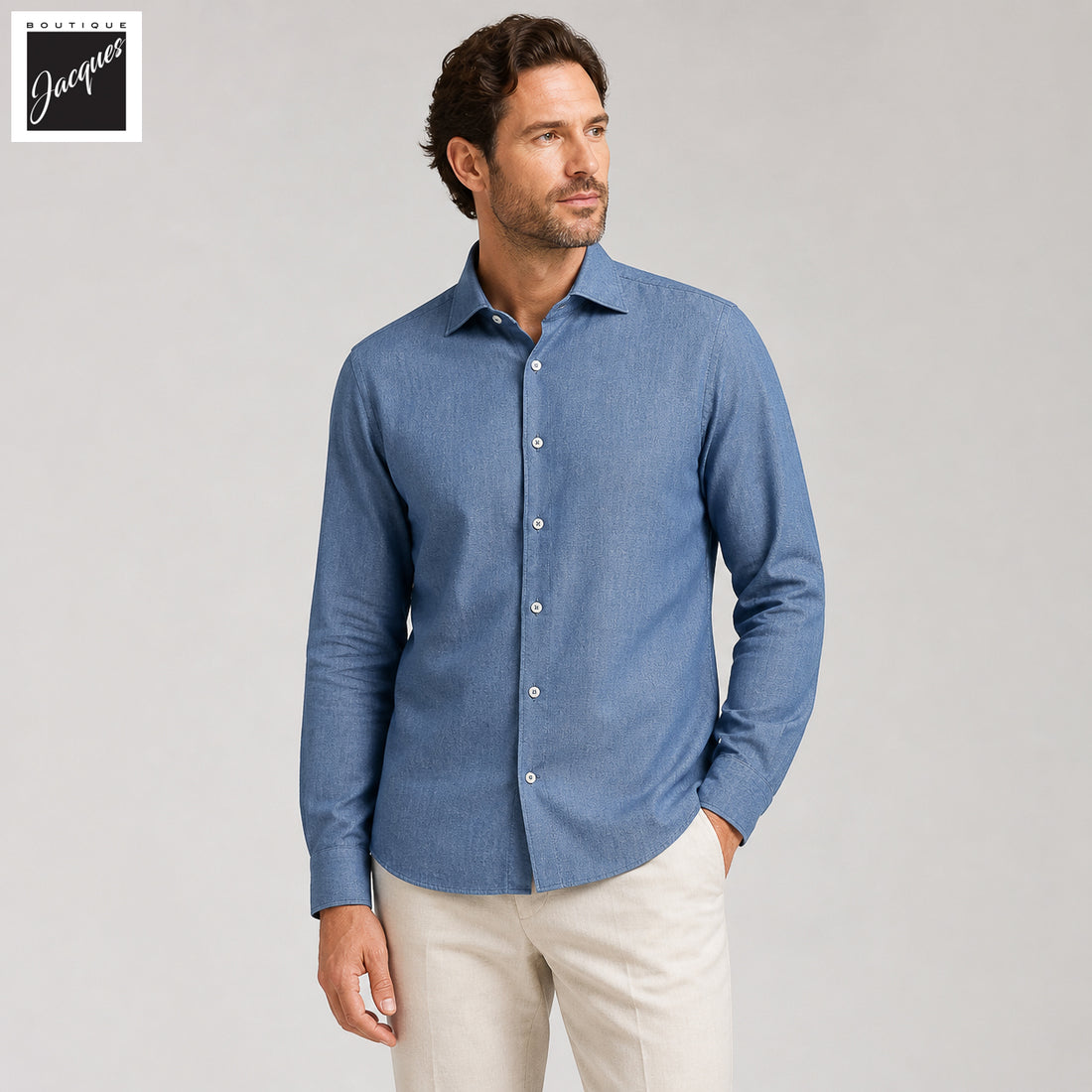Blue Super Stone Washed Denim Slim Fit Casual Shirt - FRADI - Boutique Jacques International